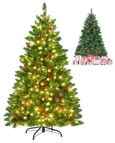 GOPLUS Sapin de Noel Lumineux LED, 135cm Sapin Noel Artificiel avec 300 LED Blanche Chaude, Branches en PVC Ignifuge avec 32 Pommes de Pin et 32 Baies Rouges, Base en Métal