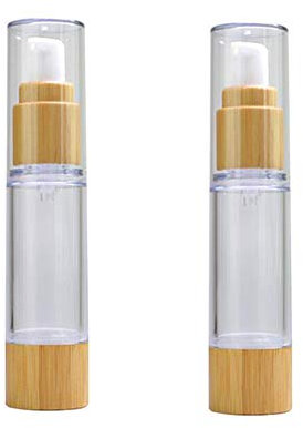2Pcs 50ml/1.7oz Empty Plastic Airless Vacuum Pump Press Bottles Lotion Dispenser with Eco Bamboo Lid and Bottom Travel Makeup Cosmetic Containers Jar Vials for Emulsion Essence Serum