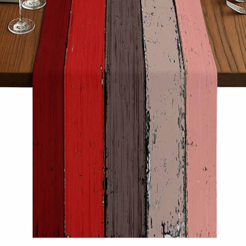 Farmhouse Baumwoll-Leinen-Tischläufer, Kommode, Schal, extralang, 304.8 cm, Retro-Stil, rustikale Scheunenholzstruktur, Ombre, Weihnachten, Rotbraun, rutschfest, rechteckig, Esszimmer, Urlaub