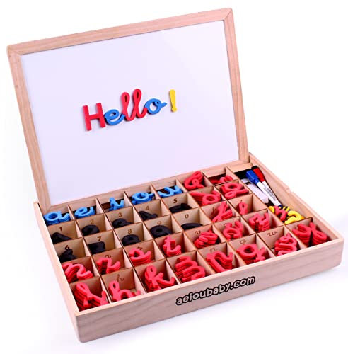Montessori Magnetische Buchstaben & Zahlen | Alphabet in Schreibschrift – Groß- & Kleinbuchstaben & Ziffern aus Eva-Schaum | Wendbare Magnettafel & Holzkiste | Lernspiel zum Schreibenlernen