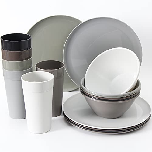 Youngever 18 Pieces Grand Service de Table en Plastic, Grand Bol 1000ML, Grand Assiette 25CM, Tasse 600ML (Urban)
