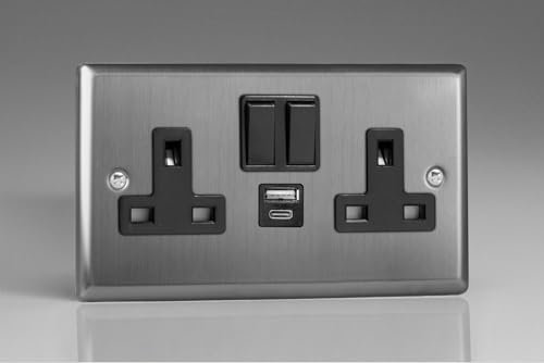 Varilight Double Switched Socket With USB A+C Charging - Classic Brushed Steel With Black Insert