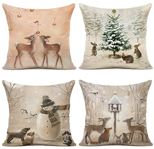 YCOLL Kissenbezug 50x50 4er Set Kissenbezug Weihnachten Kissenbezüge Dekokissen Leinen Kissenhüllen für Deko Weihnachten Sofa Schlafzimmer Couch 50x50 cm