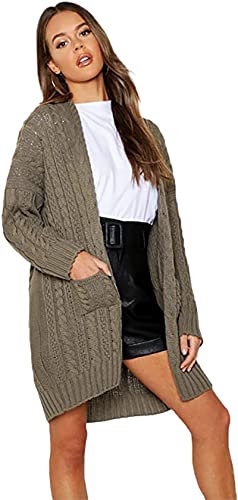 H&F ® New Women Ladies Long Sleeve 2 Side Pocket Chunky Cable Knitted Oversize Baggy Open Boyfriend Cardigan Size-16-18 20-22 24-26(Khaki, 24-26)