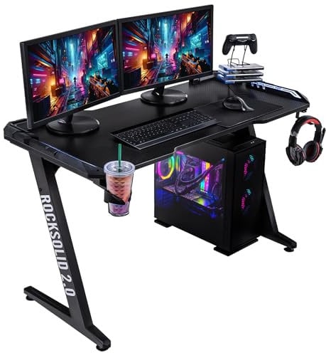 ELITE Gaming Tisch mit LED | RGB Beleuchtung mit Fernbedienung - Schreibtisch - Computertisch - Bürotisch - PC Tisch - Arbeitstisch - Gamingtisch - Gamer Tisch - Headsethalterung - Kabelkanal (EVO)