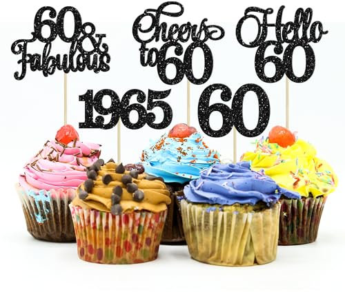 Gyufise 30Pcs 60th Birthday Cupcake Toppers 60 Fabulous Cupcake Picks Cheers to 60 1965 Cake Decorations for Happy 60th Birthday Wedding Anniversary Party Decoration Supplies Black