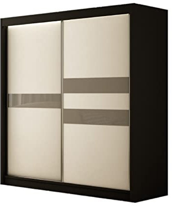 Margaret Hadas24 Kleiderschrank Alexis 120 cm, Organizer, Mehrzweckschrank, Schwebetürenschrank, Garderobenschrank, Kleiderstange, Kleiderständer, Flurschrank, 2-türig, schwarz, weiß, lacobel grau