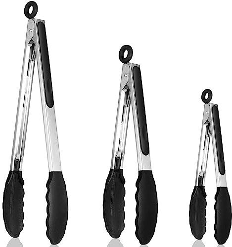 Royouzi Lot de 3 pinces de cuisine résistantes à la chaleur - En acier inoxydable épais et pointes en silicone sans BPA - Idéales pour la cuisson et le barbecue - 18 cm, 23 cm et 30,5 cm - Noir