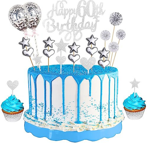 60th Birthday Cake Topper Silver Glitter Happy 60th Birthday Cake Topper for Men Women 23pcs Happy Birthday Sign for Cake Decor Sixtieth Birthday Party Cupcake Topper with Star Heart Confetti Balloons
