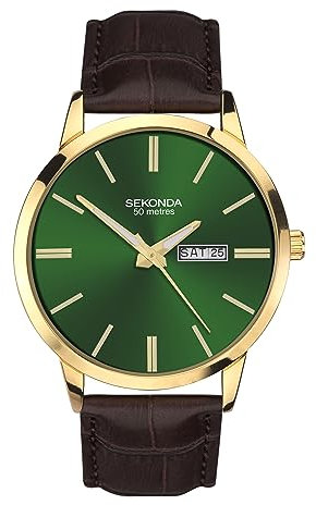 Sekonda Jackson Classic Herren-Quarzuhr mit analoger Tages-/Datumsanzeige und Lederarmband, 40 mm, Grün, Braun, Armband