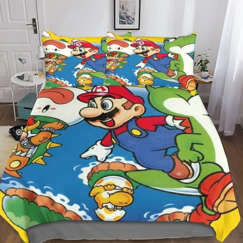 Super Mario Bettwäsche 3er Set Mit 3D Zeichentrickfilme Bettwäsche-Sets 3teilig Mikrofaser, Bettwäsche Kinder Mit Kissenbezug Für Erwachsene Teenager Kinder Double(200x200cm)