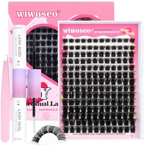 wiwoseo Cluster Lashes Individual Cluster Lash Extension Kit with Lash Bond and Seal Lash Glue Individual Eyelash Extension Kit with Tweezers for Self Application at Home(0.07D Volume, 8-16MM)