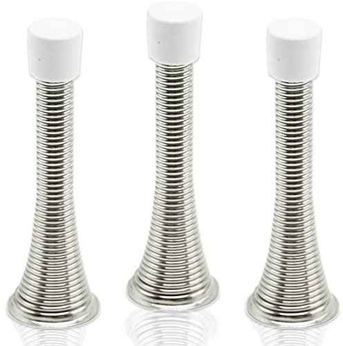 HXMJIED 3 Pcs Spring Door Stop, Wall Mounted Chrome Spring Door Stop, Sprung Stopper Skirting Board Buffer, with 3 Pcs Replacement Rubber Tip