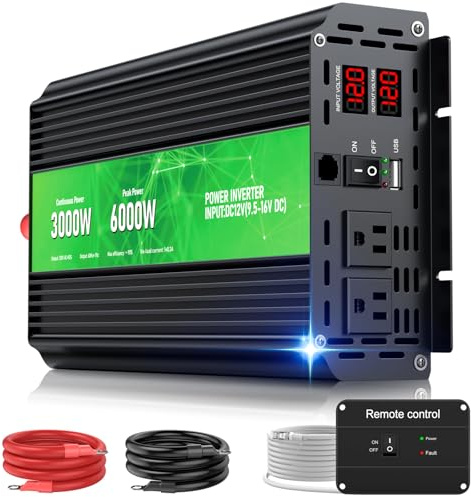 3000W Power Inverter 12V DC to 110V/120V AC Converter, 6000W Peak, LCD Display & Remote Control, Dual AC Outlets & USB Port for RV Truck Solar System, Emergency Backup, Outdoor Camping