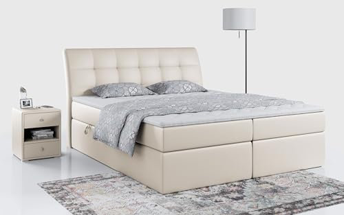 MKS MEBLE Boxspringbett 200x200 Beige Kunstleder, Bett mit Multipocket Matratze H4 und Topper, Polsterbett 200x200 mit Bettkasten und Kopfteil, DIEGOS Creme Kunstleder
