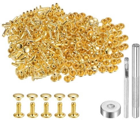 sourcing map 200 Sets Leather Rivets 6mm x 8mm Metal Double Cap Rivet Snaps Studs Fasteners with 3pcs Setting Tools Rivets for Leather Craft DIY Decoration, Gold Tone