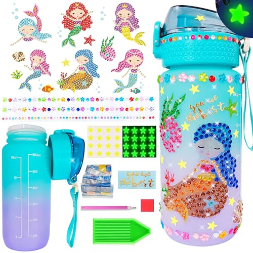 Wbesty Decorate Your Own Water Bottle Kits for Girls Age 4-12, Mermaids Diamond Painting with Star Glow in The Dark, Arts and Crafts Gifts for Girls Birthday Christmas(Mermaid)