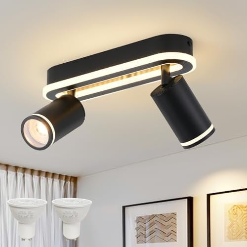MYCUL LED Deckenstrahler 2 Flammig Schwenkbar 350°, Deckenleuchte mit unteres Glühen 15W+2x5W GU10 Spots,3000K Warmweiß Deckenspot strahler,Modern Deckenlampe Lampe,Spotleuchte für Küche,Innen