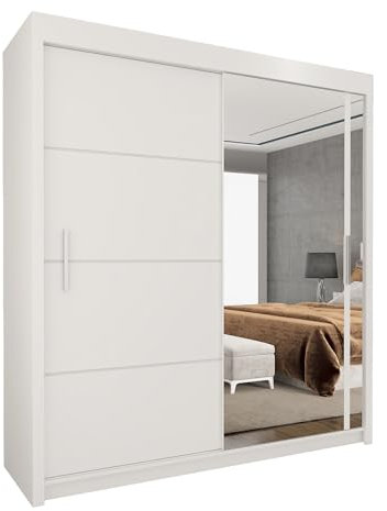 Style Heaven Modern Sliding Door Wardrobe for Bedroom,Matt Finish,2 Mirrored Sliding Doors wardrobes 10 Adjustable Shelves & 4 Hanging Rail,made of MDF Chipboard,aluminium Handles Vision(203cm White)