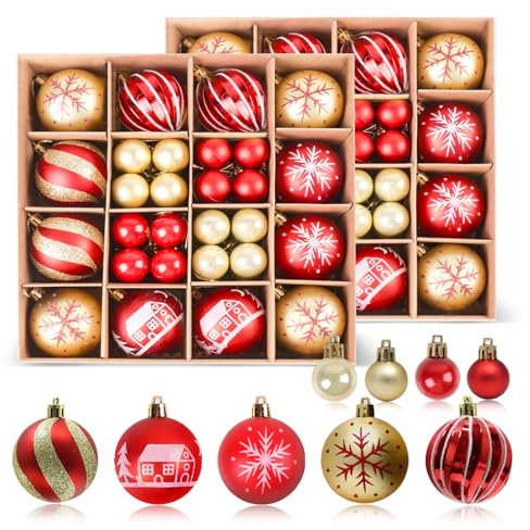 PEMOTech Weihnachtskugeln Plastik (88 Stücke,8cm&5cm), Christbaumkugeln Weihnachtsbaum Dekoration Set mit Aufhänger(Rot&Gold), Plastik Ornament Weihnachten Deko, Mehrweg Weihnachtsdeko.