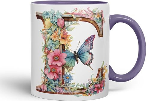 Vixar Letter E Mug, Floral Flowers Butterfly Alphabet Letter E Monogram Watercolour Ceramic Coloured Mug Cup for Tea Coffee Hot Brew 330ml 11Oz Gift (Purple)