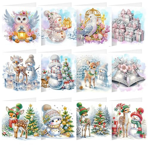 SHEPIN 12 Stück Diamond Painting Weihnachtskarten, 5D Diamant Painting Weihnachten Karten mit Umschlag, Handgemachtes Diamant Malerei Grußkarten Weihnachten Geschenk für Freunde und Familie