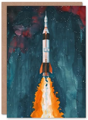 Artery8 Greeting Card Space Apollo 11 Saturn V Rocket Launch Painting For Child Kids Birthday Card