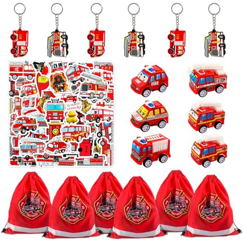 JWTRSVTY 68Pcs Feuerwehrfahrzeug Party Mitgebsel, Feuerwehr Kinder Geburtstag Partygeschenke, Feuerwehrmann Theme Party Geschenke mit Schlüsselanhänger Party Kordelzug Tasche Aufkleber Spielzeug Auto