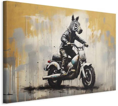 murando - Wandbilder XXL Banksy art 90x60 cm 1 tlg - Wand Deko Leinwand Bilder Groß Wanddeko Wohnzimmer Schlafzimmer Kunstdrucke - Abstrakt Tier Zebra auf einem Motorrad g-H-10081-b-a