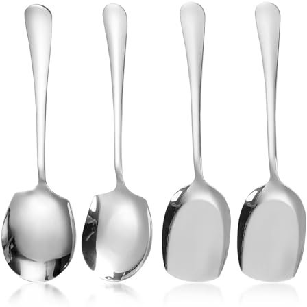 Xiciki 4 Pièces Grandes Cuillères de Service en Acier Inoxydable et une paire de baguettes, 22cm Grandes Cuillères à Long Manche pour Cuisine, Restaurant, Buffet, Banquet - Argenté