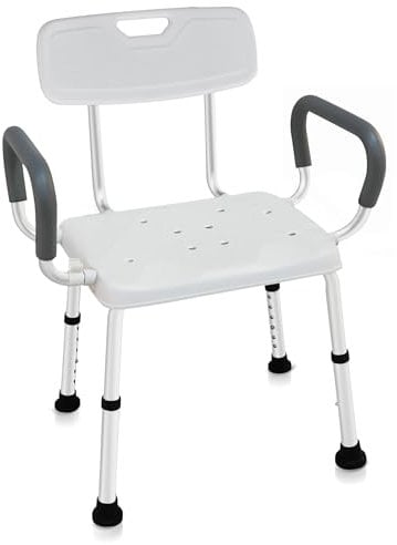 Duschhocker mit Abnehmbarer Rückenlehne und Armlehne, rutschfest Badehocker für Pflegebedürftige, Duschstuhl für senioren, Höhenverstellbar 35-50cm, Belastbar bis 150 kg