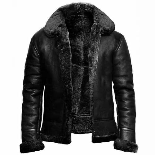 FGRID Herren Schaffell Lederjacke mit Pelzkragen, Vintage Revers Fleece gefüttert Kunstpelz PU Mantel Warm Reißverschluss Leder Kurz Biker,Schwarz,M