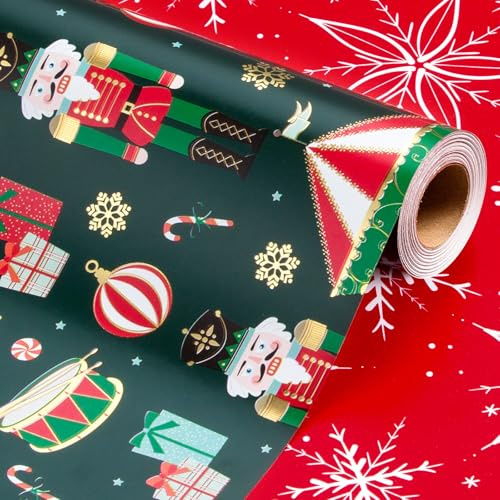 Wikadlik Nussknacker-Weihnachts-Geschenkpapier, 43 cm x 10 m, Mini-Rolle, elegantes Mädchen, Ballett- und Trommelmuster, grünes Geschenkpapier für Feiertage, festliche Feiern, DIY Handwerk