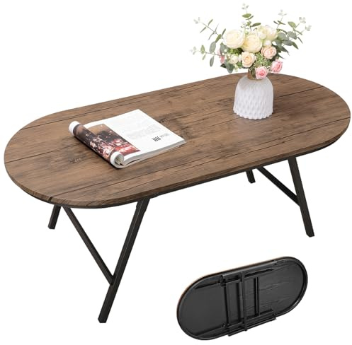 FEUFOAM Folding Coffee Table for Small Spaces Wood and Metal Oval Coffee Tables No Assembly Low Coffee Table for Living Room, Home, Office, Light Brown
