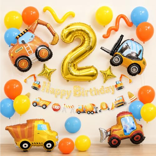 2nd Birthday Decorations Boy, Construction Balloons for Birthday Party | 29pcs Helium&Air Fill, Digger Excavator Truck Foil Balloons, Happy Birthday Banner, 2 Year Old Digger Birthday Decorations