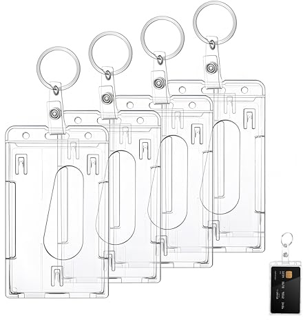 4 Pcs Porte Badges, Porte Carte Transparent Rigide Porte-Badge Vertical à Avec Fente protection Plastique Avec Cordon pour ID D'école de Bureau Cartes de Crédit Licences Passes(4 Porte-clés)