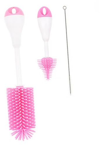 HIAKDOFT Bottle Cleaning Brush with Long Handles Rotating Brushes for Bottles Straws and Pacifiers Non-slip Grip Pink