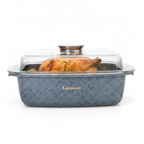GOLDMANN Bräter rechteckig 32 x 21 x 11 cm (5,5 l) – Aluminiumguss – Antihaftbeschichtung in Marmoroptik – Glasdeckel mit Aromaknopf – Für alle Herdarten geeignet – Ofenfest – PFOA-frei
