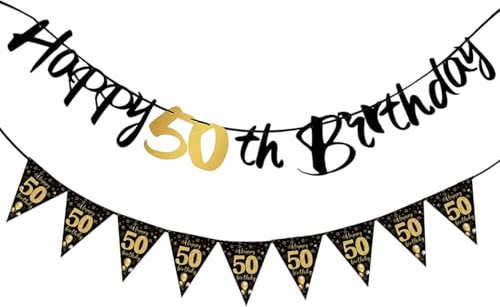 Deko 50. Geburtstag Banner Männer Frauen, Schwarz Gold Geburtstags deko 50, Geburtstags girlande Partydeko Banner Wimpelkette
