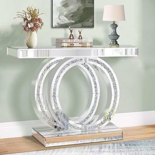 Silberner Spiegel-Konsolentisch mit Crushed-Diamond-Inlay, 100 cm langer Eingangstisch/Sofatisch, Moderner Schmaler Akzenztisch mit Doppel-O-Gestell für Wohnzimmer, Flur, Foyer und Eingangsbereich