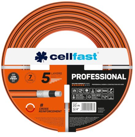 CELLFAST Gartenschlauch 3/4 20 m - 5-lagiger Wasserschlauch mit Kreuzgewebe - 28 bar - UV-beständig - Anti Algae - Strapazierfähig Flexibel - Professional
