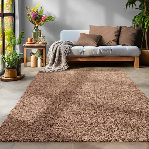 SIMPEX Flauschiger Teppich Wohnzimmer Schlafzimmer Läufer Flur Esszimmer Küchenteppich Hochflor Einfarbig Modernes Design 30 mm Florhöhe Kuschelweich, Mokka, 160 x 230 cm