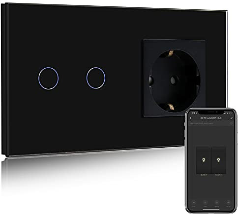 BSEED Normal Steckdose mit Smart Alexa Lichtschalter Kompatibel mit Alexa,Google Home, Glas Touchscreen-schalter,Smart Lichtschalter 2 Fach 1 Weg 16Amp Steckdose Schwarz (Neutrale Leitung benötigt)