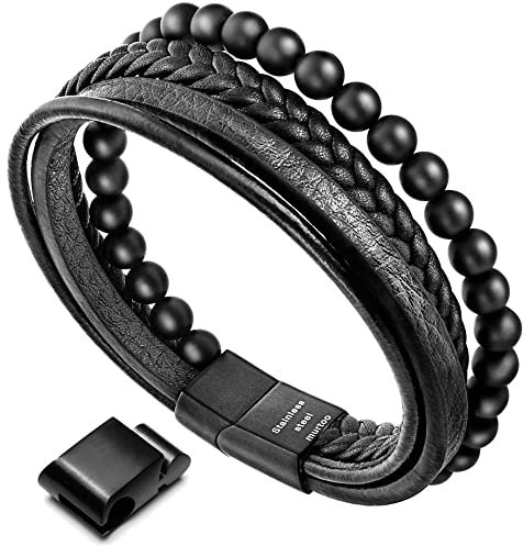 Murtoo Leder Armband für Herren - Naturstein Lederarmband (22.5, Onyx, Schwarz)