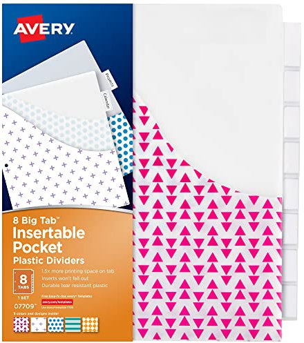 Avery Trennblätter für 3-Ringbinder, 8-Tab-Binder-Trennblätter, Kunststoff-Binder-Trennblätter mit Taschen, einführbare große Register, lebendige geometrische Muster, funktioniert mit