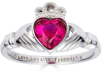 925 Sterling Silber Love Loyalty Friendship graviert Claddagh zirkonia Rubin Ring