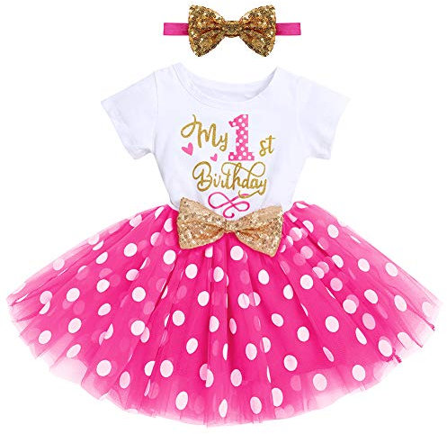 FYMNSI Infant Baby Girl My 1st First Birthday Party Dress Cotton Short Sleeve Polka Dots Tutu Tulle Skirt Sequin Bowknot Headband 2pcs Clothes Set Photo Props Hot Pink