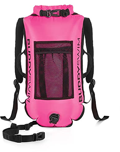 Buddyswim Open Water Schwimmboje Backpack 28 L mit 100% wasserdichtem Beutel und abnehmbarem Rückenpolster. Schwimmboje Erwachsene, leicht, langlebig und einfach zu Falten. Rosa