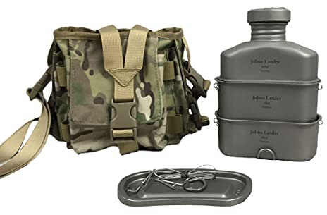 Jolmo Lander Titanium Kantinen-Set, 1 l mit 0,75 l/0,4 l Kantinenbecher, Nylonbeutel, Armee-Stil, Wasserflasche mit Becher und Deckel