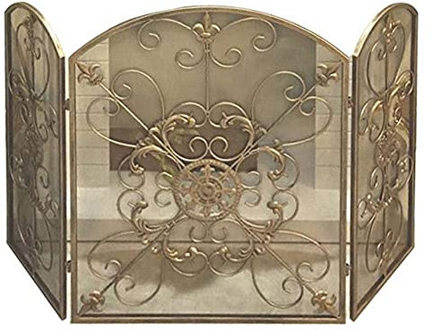 FUFU Funkenschutz Kaminholzregal Messing 3 Panel Schwerlast Kaminschirm mit Scroll Decor, Sicherheitsgold Falten Metallgitterabdeckung Kaminzaun, 121 × 80 cm Kaminzubehör